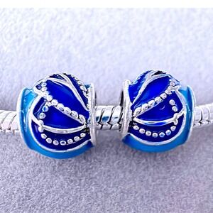 Blue Enamel Butterfly Wing Silver Bead Charms fits PANDORA 2pc Set